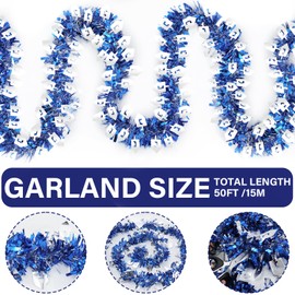 Hanukkah Tinsel Garlands, 50 Ft Hanukkah Decorations Tinsel Garland with Dreidel Silver Ornaments Blue Metallic Streamers for Home Indoor Outdoor Chanukah Party Supplies