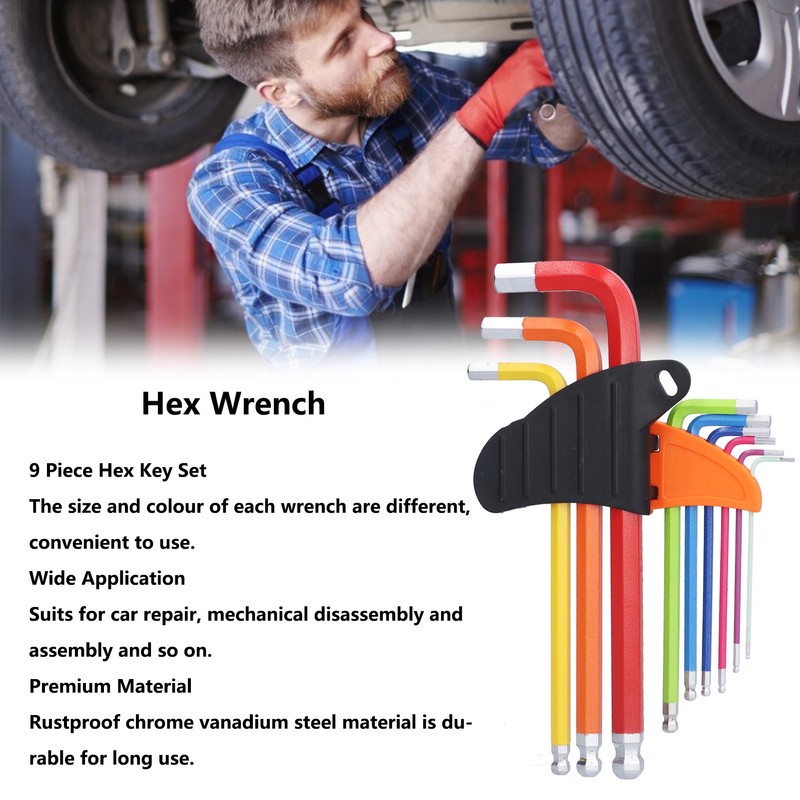 9Pcs Hex Wrench Ball End Colourful Long Arm Metal Key
