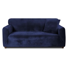 Teynewer Thick Velvet Sofa Covers 1 2 3 4 Seater High Stretch Non-Slip Couch Cover Elastic Furniture Protector Plush Sofa Slipcovers with 1 pillowcase for Living Room Dogs Cat Pet (1 Seater, Blue)