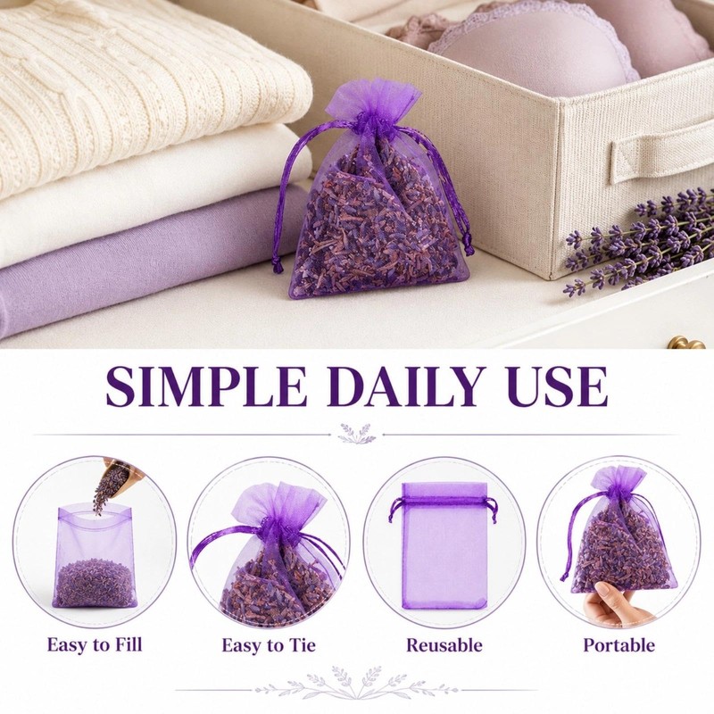 20 Pack Empty Lavender Sachet Bags Empty, Purple Organza Drawstring