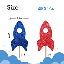 24PCS Rocket Ship Cupcake Toppers, Baby Shower Party Decor for Boys, Astronaut Dessert Picks, Outer Space Themed Birthday Party Decoration - Navy Blue & Red Glitter