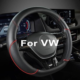 GIANT PANDA D Shape PU Leather Steering Wheel Cover Tailored and Compatible with VW Compatible with Volkswagen D Shape Steering Wheels - Non-Slip, Breathable, Black+Red