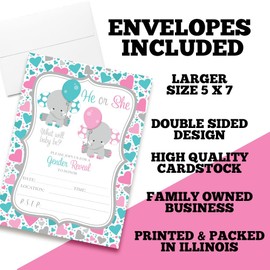 He or She Elephant Gender Reveal Invitations - 20 Fill In Baby Shower Cards with Envelopes - Cute Pink & Teal Heart Theme by AmandaCreation