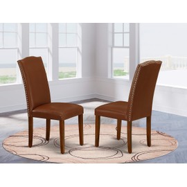 East West Furniture Padded Parson Chair - Luxurious Brown Flaux Leather, Hardwood Mahogany Finish Legs Modern Dining Room Chairs - Set of 2