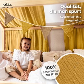 lilimaus House Bed Canopy with Gold Appliqué [in 12 Colours] Bed Canopy House Bed Made of 100% Cotton Muslin - Fabric Canopy for House Bed Decoration Girls and Boys - Canopy for House Bed Children's