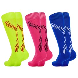 American Trends 3 Pairs Youth Girls Softball Socks with Stitches Athletic Softball Socks for Youth & Adult Soccer Baseball Socks Rose Red & Yellow & Blue XS