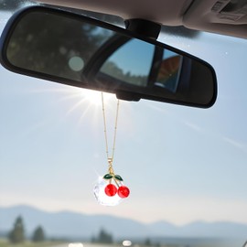 Cherry Car Decor Accessories for Women, Cute Crystal Suncatcher Rear View Mirror Pendant, Universal Car Interior Catcher Ornament, Hanging Lucky Cherry Decorations Charm