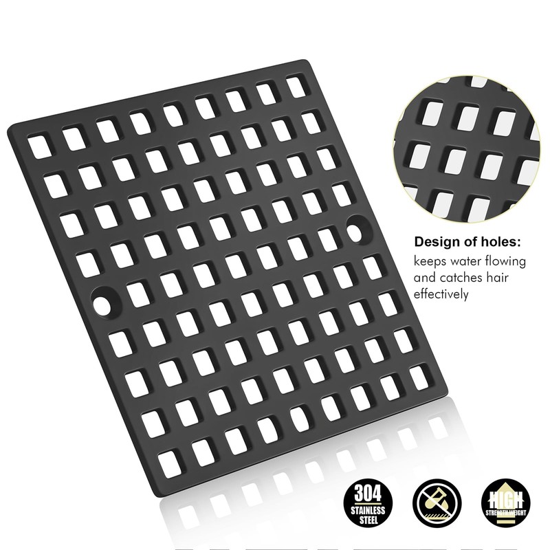 4" Matte Black Shower Drain Cover - Square Floor Drain
