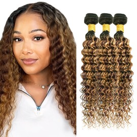 P427 Human Hair Bundles Ombre Highlight Bundle #4 Deep Wave Human Hair 3 Bundles 16 18 20 inch Brown and Honey Blonde Bundle