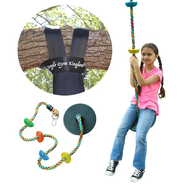 Jungle Gym Kingdom Tree Swing Multicolor Climbing Rope with Platforms Green Disc Swings Seat - Outdoor Playground Set Accessories Tree House Flying Saucer Outside Toys - Bonus Carabiner & 4 Feet Strap