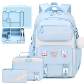 DIGOBAY 6PCS Girls Backpack Set with Bento Box for School, Kids Backpack for Girls with Lunch Bag Pencil Case for Girl School Bookbag with Lunch Snack Container, Utensils Blue