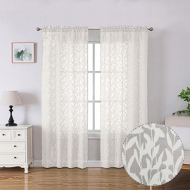 Lecloud Leia Living Room Ivory Sheer Curtains 72 Inch Length 2 Panels, Airy & Breathable Clip Textured Leaf Voile Bedroom Curtains, Dual Rod Pockets Jacquard Gauzy Window Drapes, 40 W x 72 L
