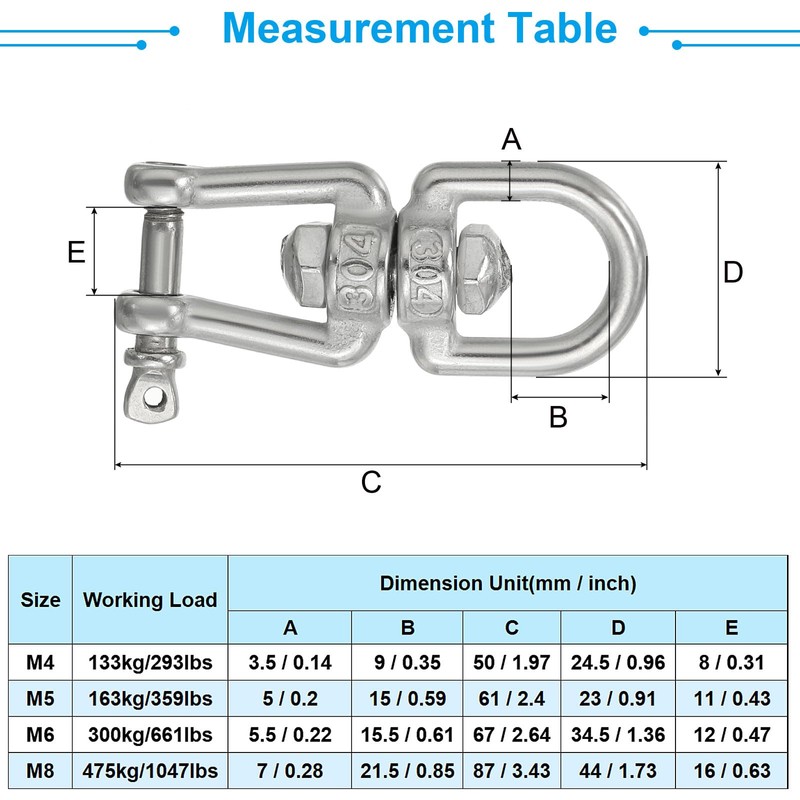 PATIKIL Double End Swivel M8 Working Load 475kg/1047lbs 304 Stainless