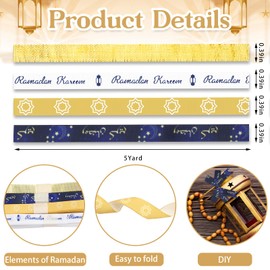 ABTOLS 4 Rolls 20 Yards Ramadan Ribbons, 3/8" Blue Gold White Grosgrain Ribbons for Wrapping Eid Mubarak Ramadan Moon Star Lantern Ribbons Metallic Glitter Ribbon for Islamic Muslim Decor