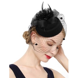Cizoe Fascinator Hats for Women 20s 50s Vintage Pillbox Hat Kentucky Derby Fascinators Flower Veil Wedding Tea Party Hat(1-a-Black1)