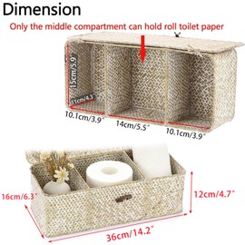 Hipiwe Seagrass Storage Basket Bin 3 Sections Hand-Woven Wicker Baskets with Lid Bathroom Basket Toilet Tank Baskets Holder for Organize Snack Tissue, Whitewash
