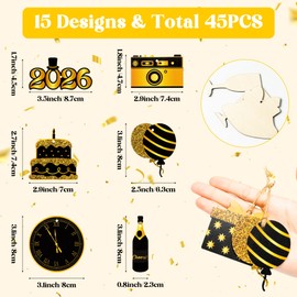 Haooryx 2026 New Year Ornaments - 46PCS 2026 Happy New Year Christmas Winter Ornament Decorations Black Gold Wooden Hanging Slices Pendants Ropes Countdown Carnival Party Xmas Tree Home Decor Supplie