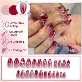 24Pcs False Nails Almond Medium Long, Red Gradient French Tip Press on Nails, Silver Heart Spider Design Acrylic Fake Nails, Natural Reusable Stick on Nail for Women Daily Party Wedding Wear