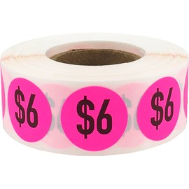 $6 Price Stickers Fluorescent Pink .75 Inch Round Circle Dots 500 Total Adhesive Stickers
