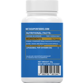 MetaSuperfoods P5P Vitamin B6 (Pyridoxal 5 Phosphate) 100 mg per Capsule | 180 High Strength Capsules | Active Form of Vitamin B6 | Vegan | Non GMO| UK Company