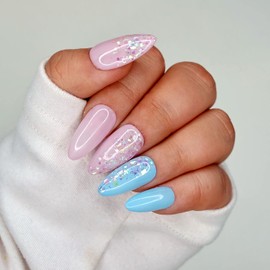 10 Pcs Handmade Press on Nails (Large, Spring's Message - Jelly Pink And Light Blue With Mixed Holo Glitters/Almond) A045L