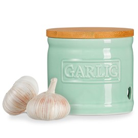 ONEMORE Garlic Keeper for Counter, Garlic Holder Countertop Storage Container, Garlic Saver Keeper with Lid, Ceramic Garlic Jar for Kitchen, Mint Green