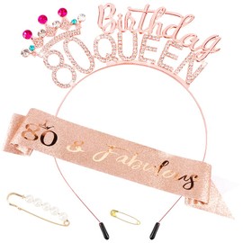 AHONEY 80th Birthday Queen Headbands for Women, 80 & Fabulous Birthday Sash and 80th Birthday Tiara Set, 80th Birthday Decorations Birthday Gifts for Women Party Favors (Rose Gold)