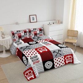 Feelyou Red Fire Truck Car Bedding Set Firefighter Comforter Set Fire Engine Comforter for Kids Room Decor Firemen Car Vehicle Duvet Set Geometric Lattice Grid Twin Size with 1 Pillow Case