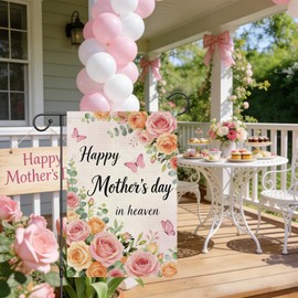 Heyfibro Happy Mother's Day in Heaven Garden Flag 12x18 Double Sided Burlap, Roses & Butterflies Memorial Yard Banner for Spring Outside Outdoor House Mothers Day Decoration (ONLY FLAG)