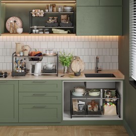 NETEL Under Sink Organizers and Storage,Kitchen Cabinet Organizer,2 Tier Under Sink Expandable Shelves，Bathroom Adjustable Under Sink Organizer with Pull Out Drawers,Thickened Carbon Steel,Black