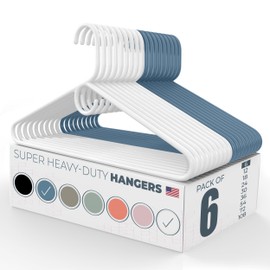 Neaties Super Heavy Duty Clothes Hangers 6 Pack – Made in The USA - 10lb Capacity, Thick Plastic Hangers for Pants, Coats, Jackets, Jeans and Adult Clothing – White & Blue