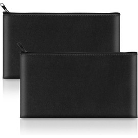2 Pack Money Bags with Zipper, 11x6.1 Inch PU Leather Cash Pouch, Secure Bank Bag for Coins, Bills, Checks, Invoices, Cosmetics, Tools (Black) - Color: Black, Size: 2 Pack
