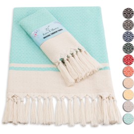 Rumi & Shams - Toallas de mano turcas para baño | 2 toallas de mano de granja | Toallas de mano bohemias de 16 x 32 pulgadas | Toallas de cocina turcas 100% algodón | Toallas de mano Aqua (aguamarina)