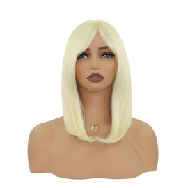 Zifeiya 14inch Blonde Bob Wig Synthetic Straight with Bangs Heat-Resistant Shoulder Length Hair for Women Adjustable Cap Party Cosplay Daily Use Natural Style 613 Lightweight