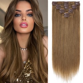 S-noilite Clip in Hair Extensions Human Hair Hair Clip in Human Hair 8 Pieces/18 Clips/Set Standard Weft 100% Real Human Hair Silky Full Head 10"-70g Light Brown (#6)