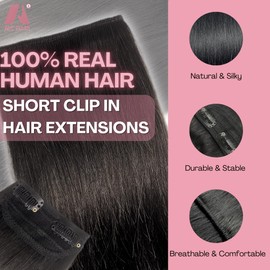 2 Pcs Short Hair Extensions, Human Hair Pieces for Women Adding Volume 8 Inch Natural Black