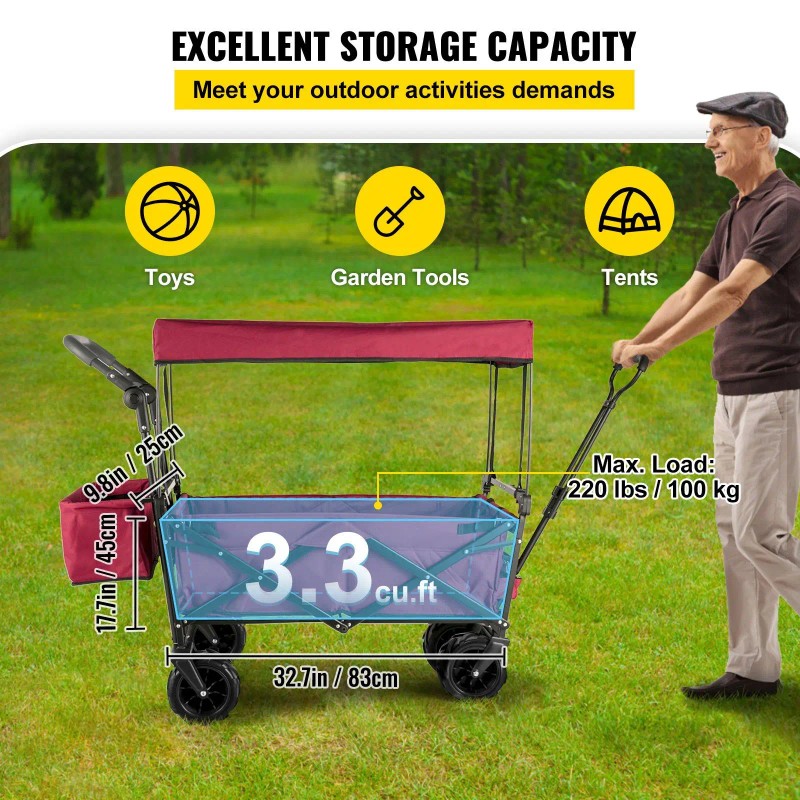 Extra Large Collapsible Garden Cart With Removable Canopy Foldable Four