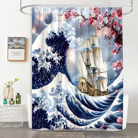 JEJOMEAG Japanese Shower Curtain Asian Anime Aesthetic Cherry Blossom Nautical Pirate Ship Ocean Great Waves Fabric Bathroom Curtain with Hooks, 70x70 Inch