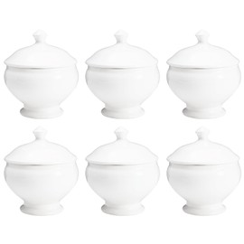 Vikko Soup Crocks With Lids, 14 Ounce Elegant White Soup Bowl with Cover, Set of 6 Soup Dishes, Dishwash Safe