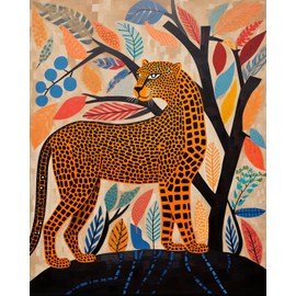 Paint by Number Leopard Gond Painting Style DIY Painting On Canvas with Brushes Acrylic Paints Gond Leopard Animal Paint by Numbers for Adults and Kids Students Beginner 16x20 Inch（without Frame）