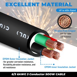 6FT 6/3 6AWG SOOW Portable Power Cable (3 Conductor，600V 6 Gauge Electrical SOOW Wire for Welder Machine, Generator, EV Car Charger,Portable Light, Motor Lead, Industrial Outdoor