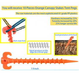MotBach 10 Pieces 7.9 Inch Orange Canopy Stakes Tent Pegs, Screw Spiral Tent Ground Anchor Stakes, Heavy Duty Screw Shape Ground Anchor Nail for Camping, Sandbeach, Rain Tarps and Hiking