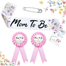 Homanu Wildflower Mom to Be Sash Baby Shower Decorations, Floral Mommy to Be Sash Dad to Be Pin Set for Pregnant Mommy Party Decorations