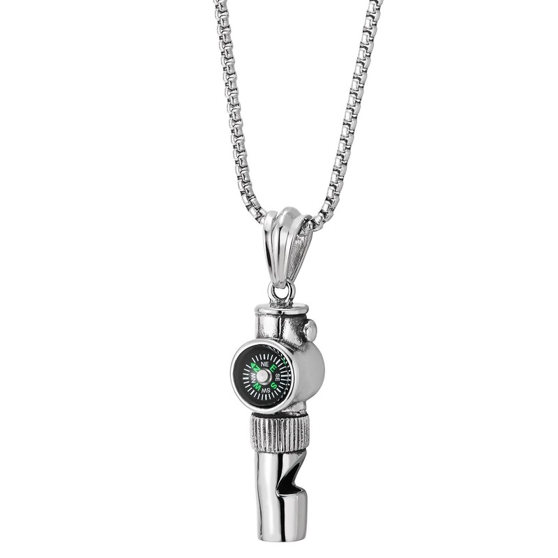 Compass Whistle Pendant Necklace for Men, Stainless Steel, 75 cm