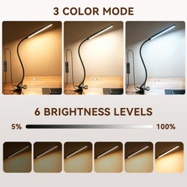 LINTYLE Clip on Desk Lamp, 5W LED Reading Light, 400 Lumens Book Light, 3 Color Modes 6 Brightness Levels, USB Powered Adjustable Neck Lamp for Desk, Bedside, Study, Office