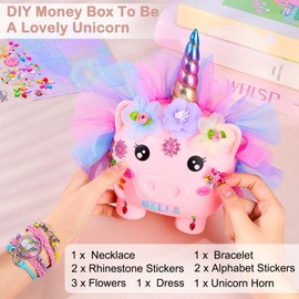 MHJY Piggy Bank for Kids Unicorn Money Box Girls Unbreakable Resin Child Saving Bank Cute Large Coin Banks with Necklace Bracelet DIY Stickers Birthday Set