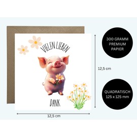 WBdesignz Thank You Card with Envelope - Cute Pig with Flower - Animal Motif Say Thank You (Square - 125 x 125 mm)
