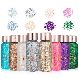 Pack of 8 Popular Colours Glitter Gel, Mermaid Sequins Chunky Glitter Liquid Gel Face, Glitter Face Body, Glitter Makeup for Masquerade Party (8 Popular Colours)