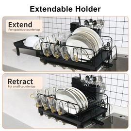 ifory Large Dish Drying Rack, Dish Rack for Kitchen Counter, Extendable Dishes Drying Rack with Drainboard and Cutlery Holder, Anti Rust Dish Rack with Mug Holder, Black
