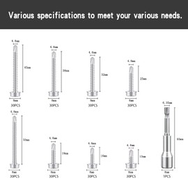 Gueenky Pack of 240 Self-Tapping Screws with Hexagon, 4.8 x 13-50 mm Self Tapping Screws Stainless Steel 8 Sizes Hexagonal Self-Drilling Screws with Drill Tip